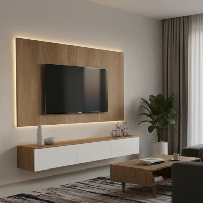 Floating TV Cabinet White and Oak